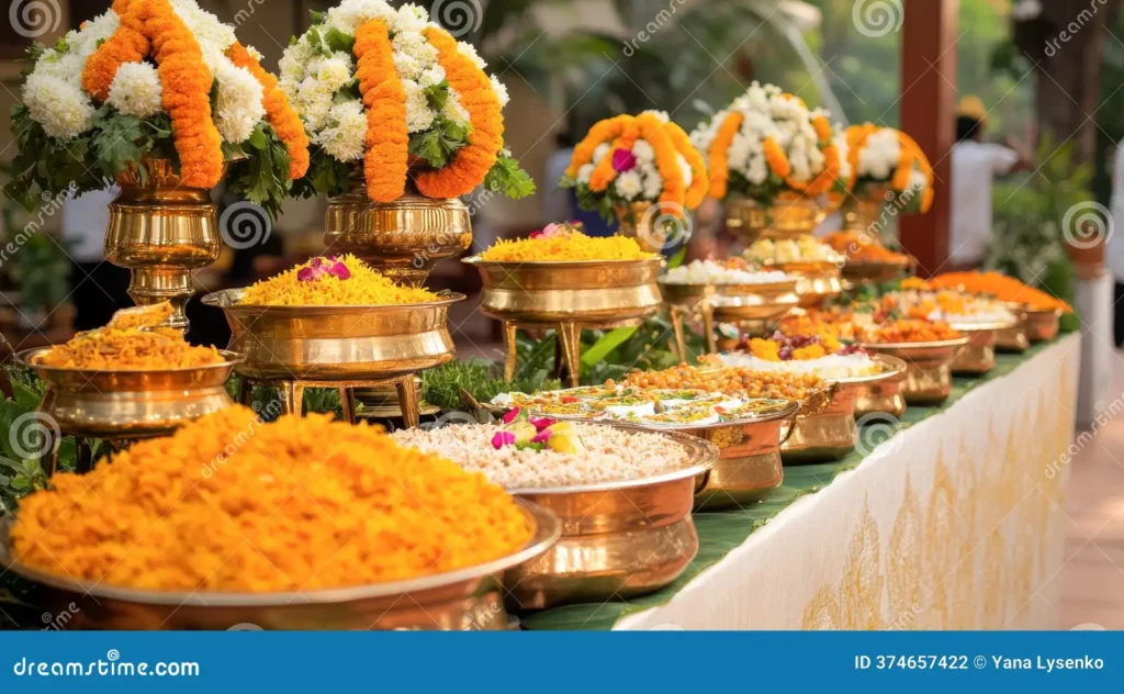 Upanayanam Catering in Bangalore Complete Thread Ceremony Services colorful indian wedding feast lavish biryani spread elegant buffet table concept celebration cultural colorful indian 374657422