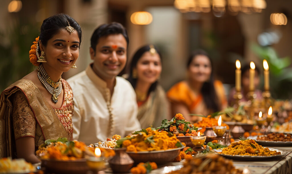 group people sit table with food flowers