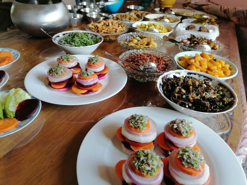 high angle view food served table