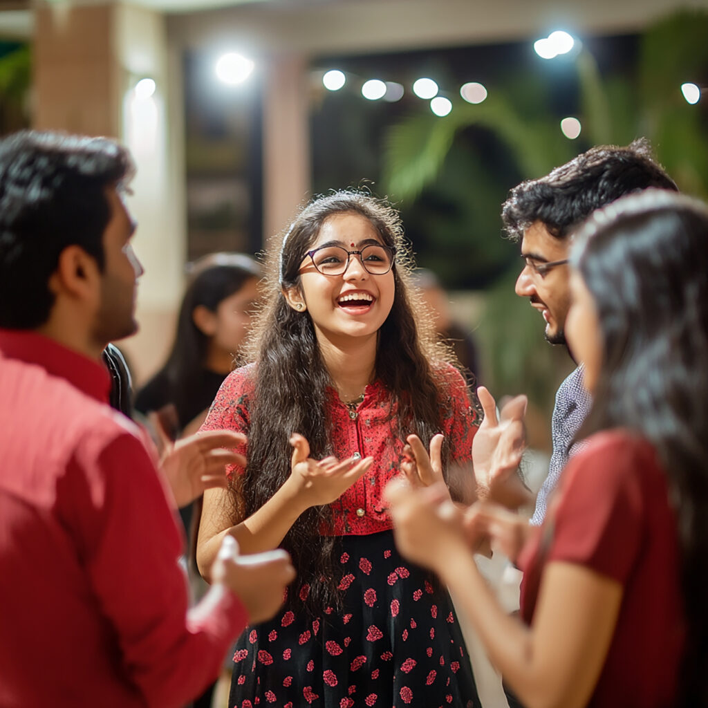 girl wearing red dress with red shirt that says word it